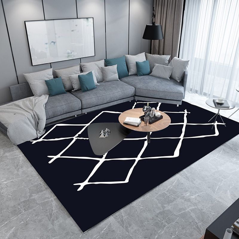 Moroccan Rhombus Pattern Rug Black and White Polyester Rug Washable Pet Friendly Non-Slip Area Rug for Living Room