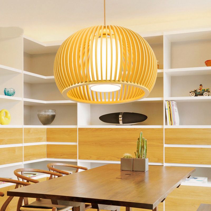 13"/18" W Modern Half-Globe Pendant Wooden 1 Light Dining Table Suspension Lighting with Inner Shade