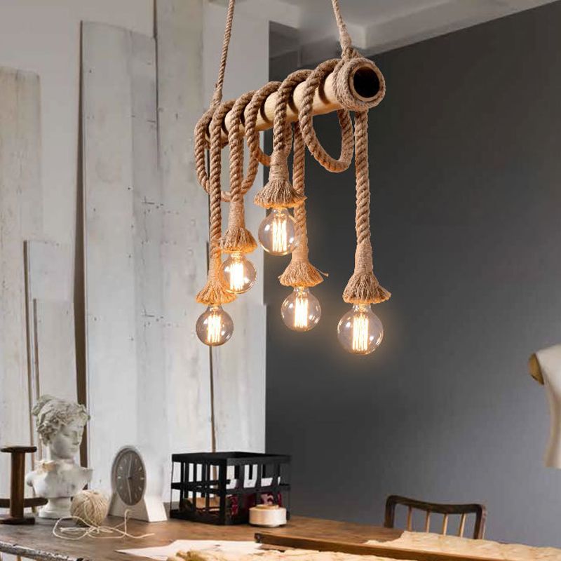 3/4 Lights Open Bulb Island Light Lodge Industrial Beige Adjustable Rope Ceiling Light with Bamboo
