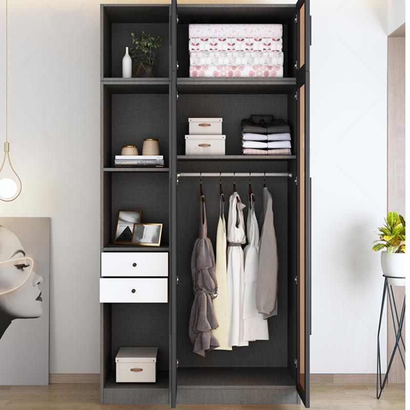 Modern Grey Wardrobe for Home Mirrored Finish Cabinet with Glass Door