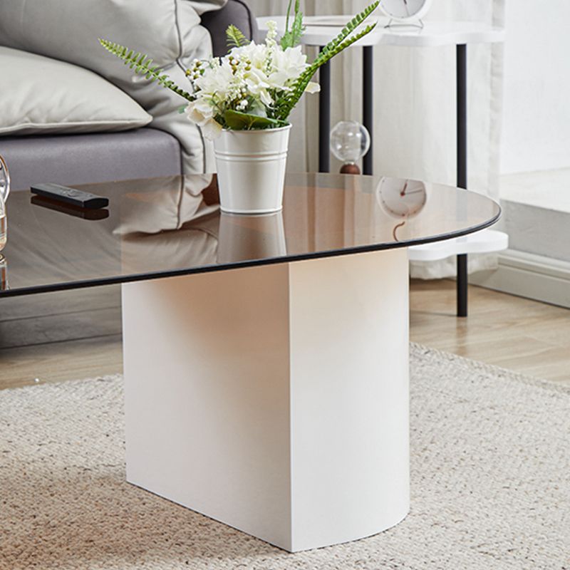Modern Oval Glass Top Coffee Table with White Wooden Base Cocktail Table
