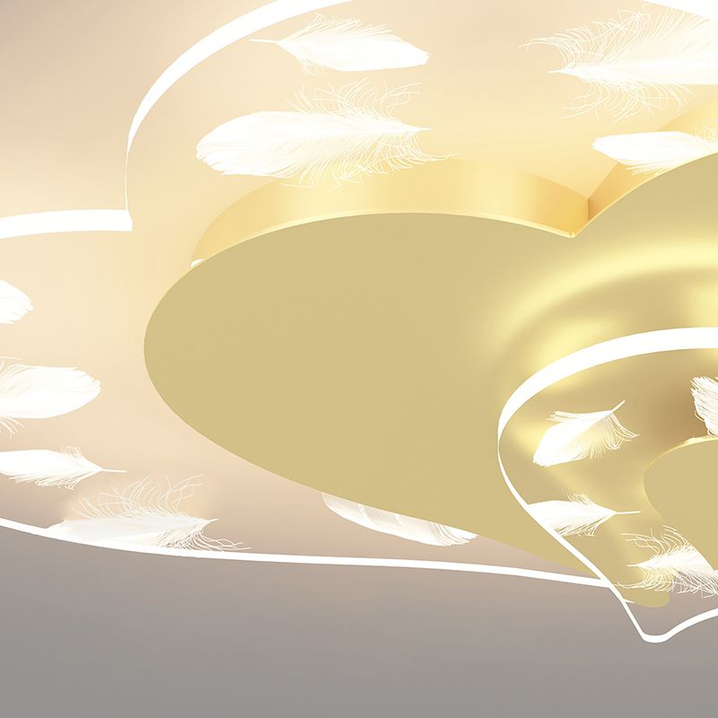 Acrylic Heart-Shaped LED Flush Mount in Modern Creative Style Iron Feather Ceiling Light for Bedroom