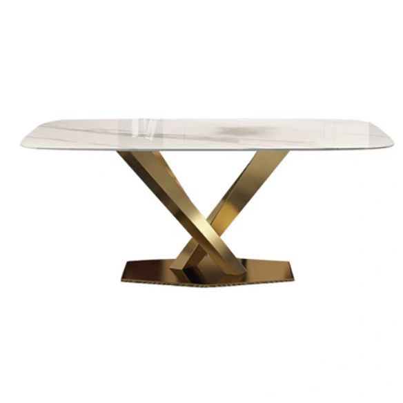 Style minimaliste Ensemble de salle à manger en pierre fritté avec table fixe et base de chevalets en or pour un usage domestique