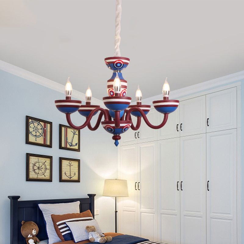 Cartoon Curved Arm Ceiling Lamp Metal Nursery Chandelier Light in Red and Blue for Child Room