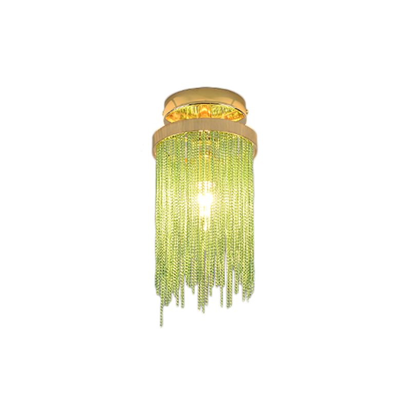 Cylinder Semi Flush Mount Light Modern Crystal Strand 1 Light Blue/Green/Chrome Ceiling Light