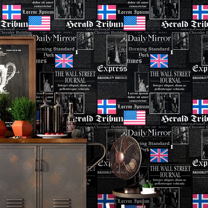 Vintage Newspaper with English Title and USA National Flags 33-foot x 20.5-inch Non-Pasted Washable Wallpaper