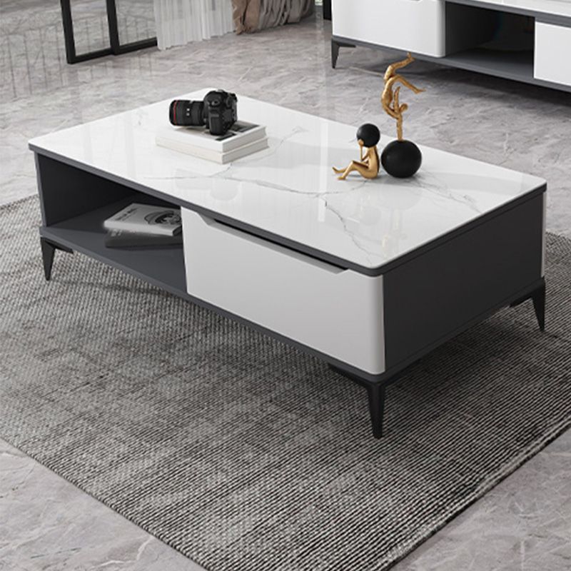 4 Legs Cocktail Table Rectangle Stone Single Coffee Table with Drawer