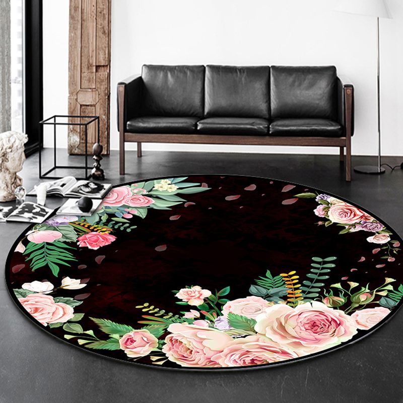 Round Flower Print Indoor Rug Contemporary High-end Carpet Polyester Anti-Slip Backing Carpet for Living Room