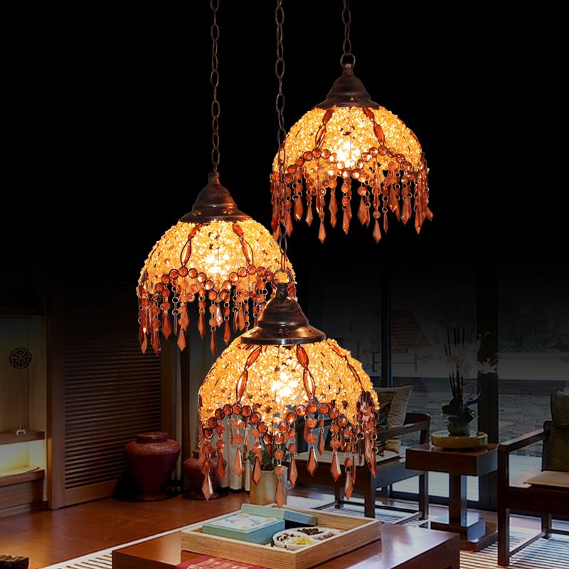 Scalloped Restaurant Cluster Pendant Light Decorative Metal 3 Lights Yellow Hanging Lamp with Crystal Accent