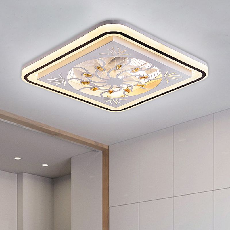 7 Blades LED Square Semi Flush Light Moderne weiße Kristallblöcke Anhängerlüfter, 21,5 "breit