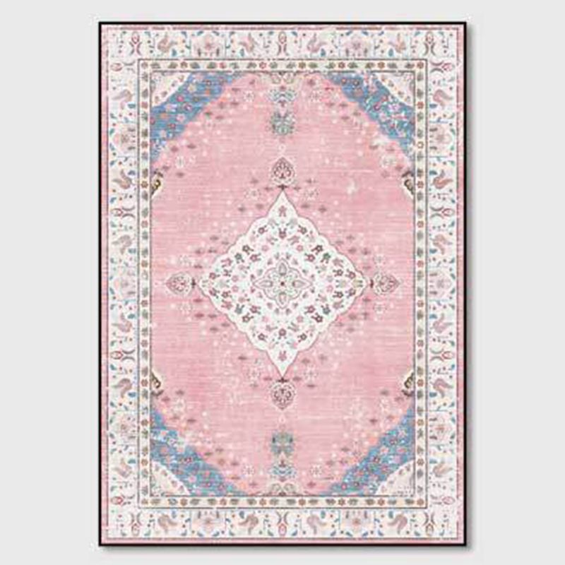 Pink Distressed Floral Print Rug Shabby Chic Polyester Area Rug Non-Slip Backing Indoor Carpet for Home Decor