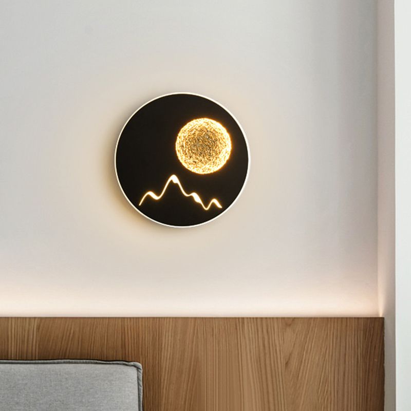 Mini Round/Square Thin LED Flush Mount Nordic Metal Bedroom Wall Light Sconce in Black/White/Grey with Full Moon-Mountain Pattern