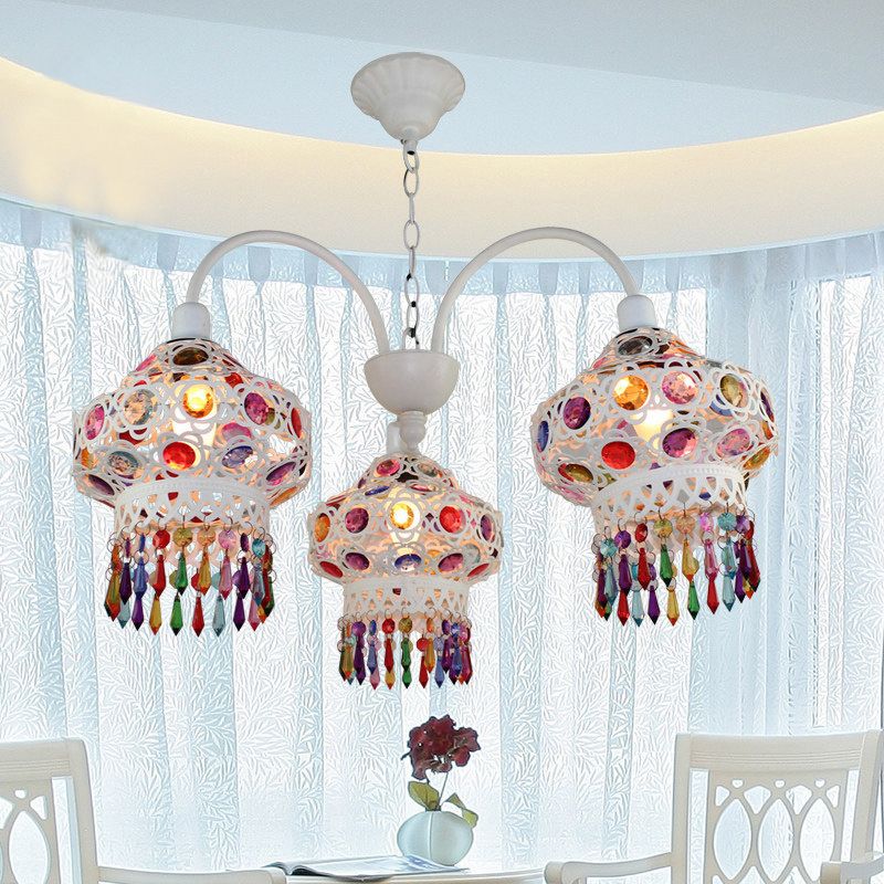 3-Head Beaded Lantern Chandelier Turkish White/Red Acrylic Hollowed-out Hanging Ceiling Light for Dining Room