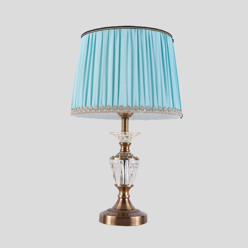 Drum Shade Crystal Reading Light Modernism Fabric 1 Head Nightstand Lamp in Blue/Beige
