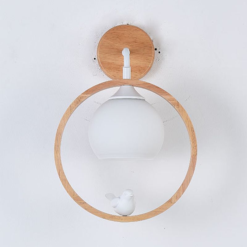 Modernism Wood Lighting Globe White Glass Shaded Wall Light for Foyer