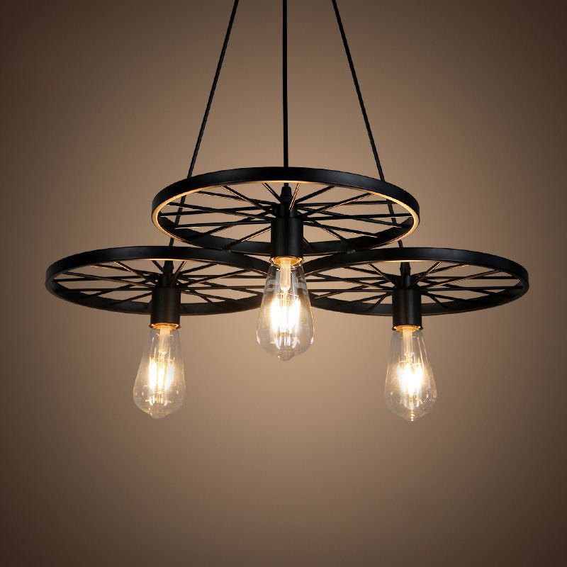 Black Wheel Chandelier Lighting Industrial Metal Living Room Hanging Light Fixture