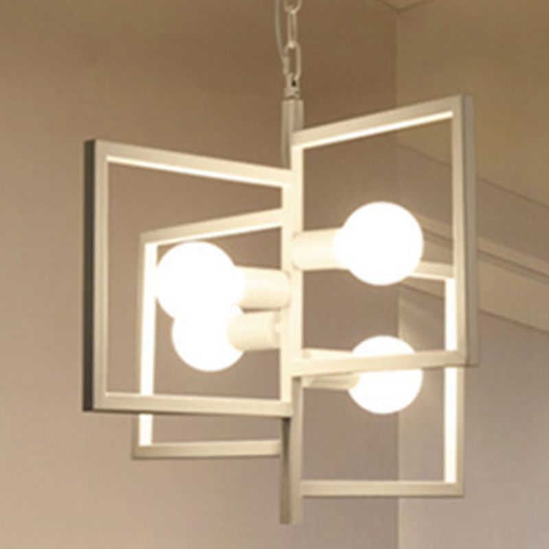 Luz colgante de marco de hierro blanco en lámpara colgante geométrica de 4 luces de estilo minimalista industrial para un lugar comercial