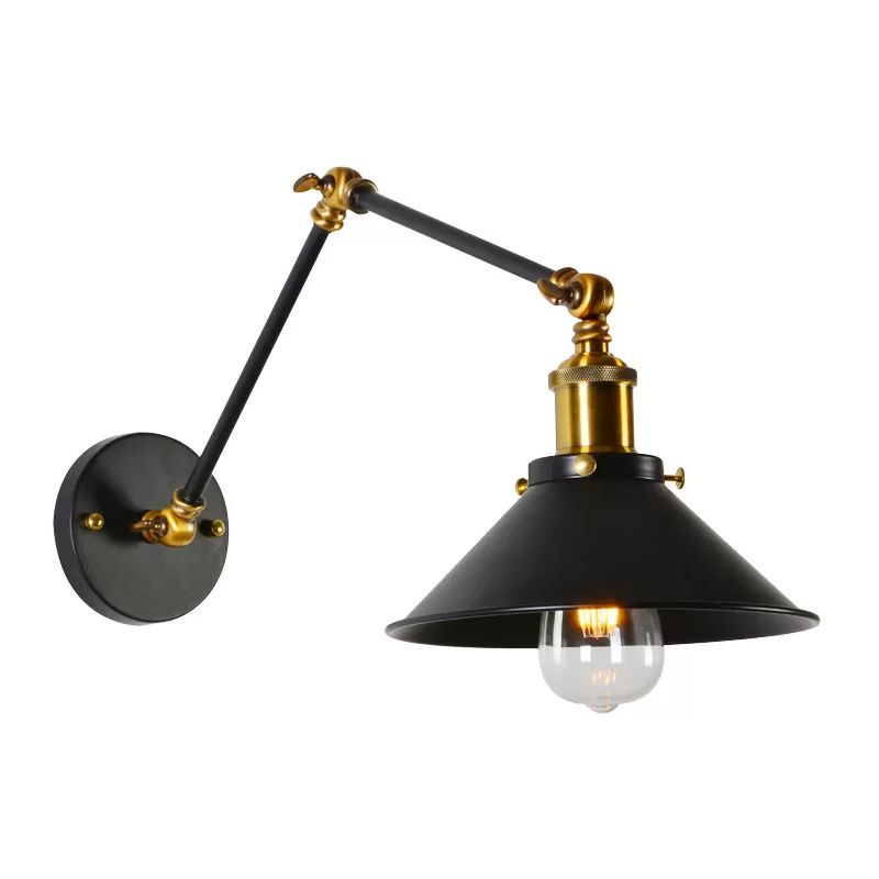 8"+8"/12"+12" W 1 Bulb Cone Wall Light Warehouse Black/White and Brass Iron Swing Arm Task Wall Lamp for Bedroom