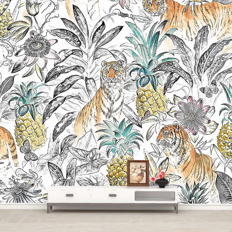Tropical Tigers and Plant Mural for Home Decor Customized Wall Covering in White
