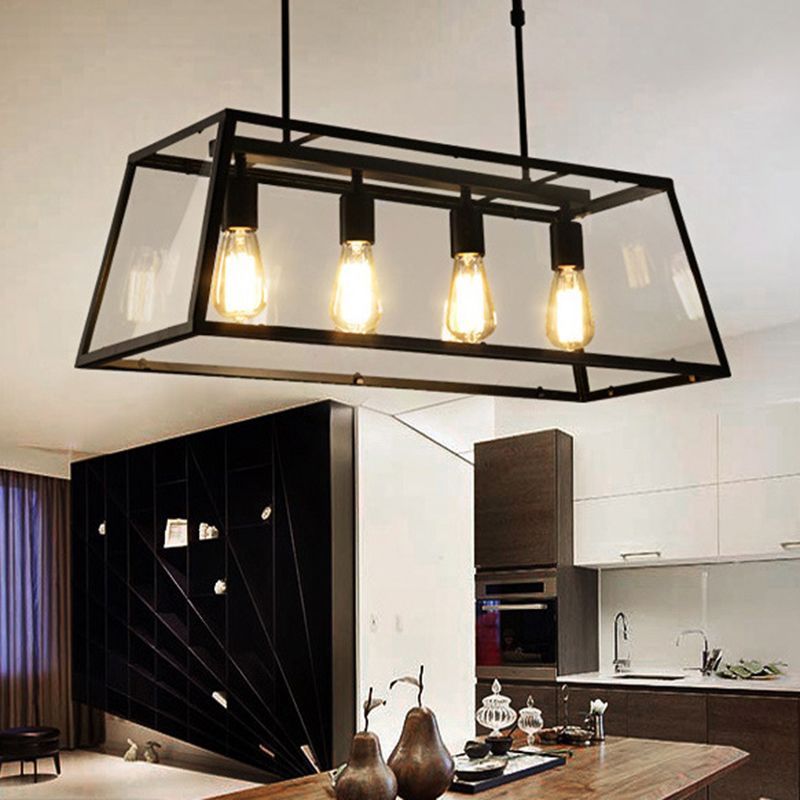Industrial Metal Island Light Black 4 Lights Island Pendant with Glass for Dining Room