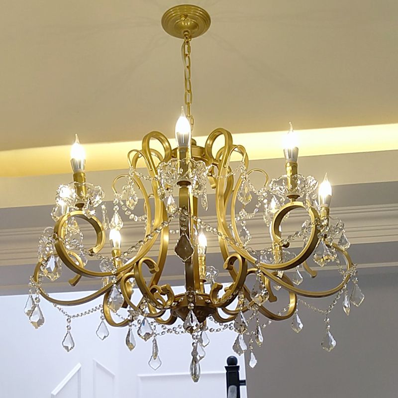 Traditional Swooping Arm Chandelier Metal Pendant Light Kit with Crystal Accent in Gold