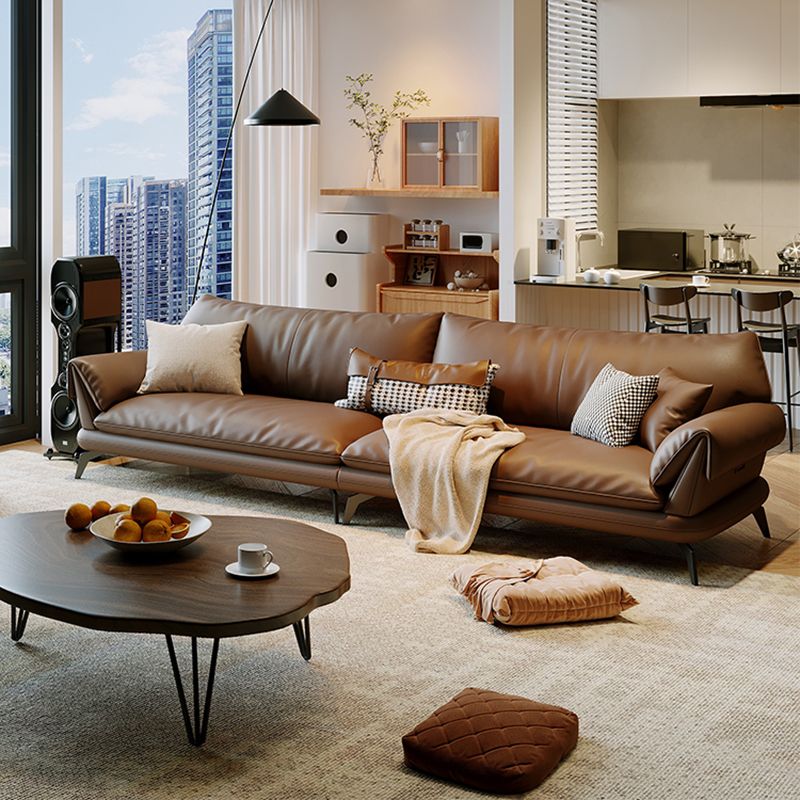 Brown Genuine Leather Sofa Loose Back Flared Arm Sofa with Pillows