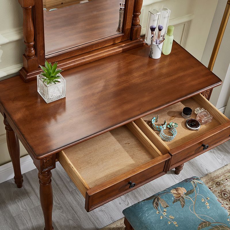 Traditional 2 Drawers Wood Mirrored Makeup Table Desk Vanity in Brown