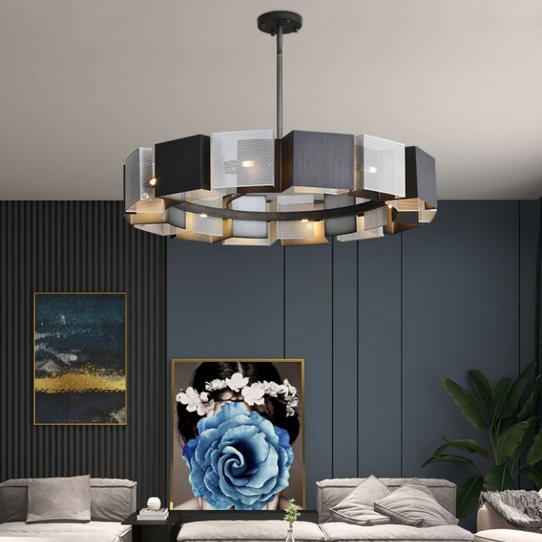 Living Room Pendant Light Kit Minimal Black Chandelier Lighting with Circle Metal Shade