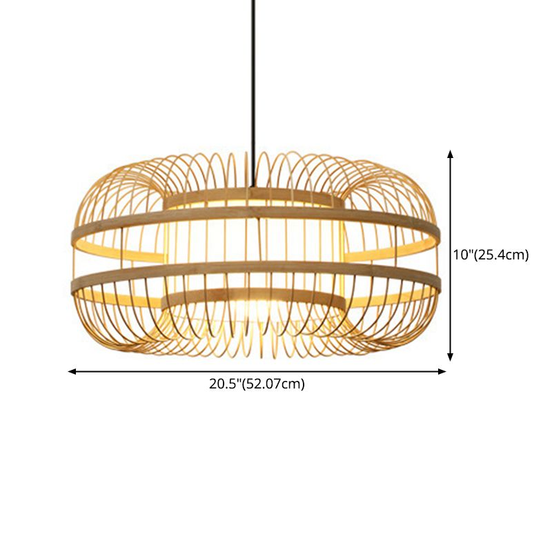 Beige 1-Light Japanese Hanging Lamp Kit Lantern Silk Pendant for Dining Room