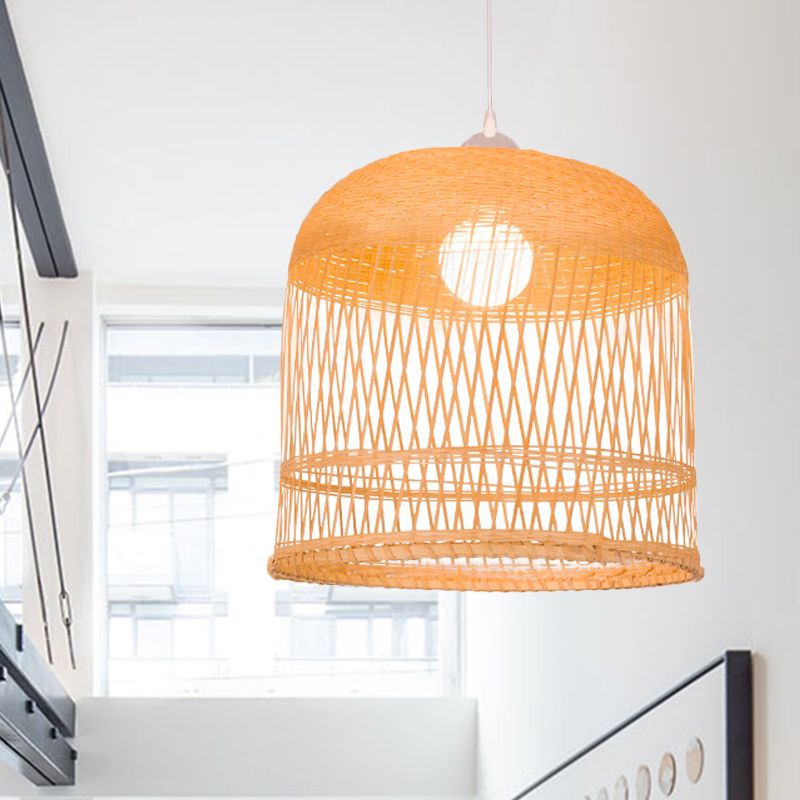 Wood Bell Hanging Lamp Retro 1 Head Bamboo Ceiling Pendant Light for Living Room