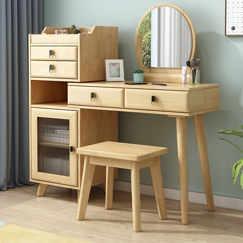 Rubberwood Vanity Set with Stool and Mirror Scandinavian 4 Drawers Dresser