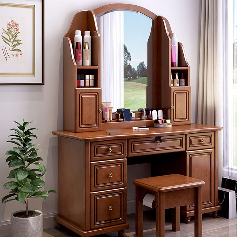 Traditional Solid Wood Makeup Dressing Table 60.23" H Vanity Set with Stool and Mirror