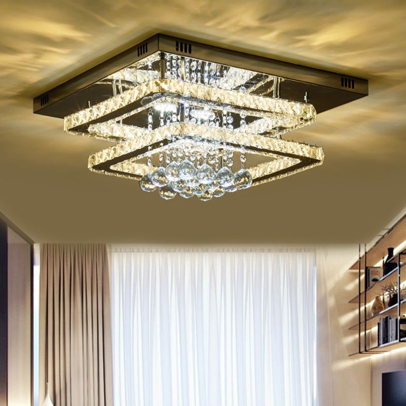 Dual Squares Faceted Crystal Semi Flush Simple LED Chrome Ceiling Lighting with Droplet
