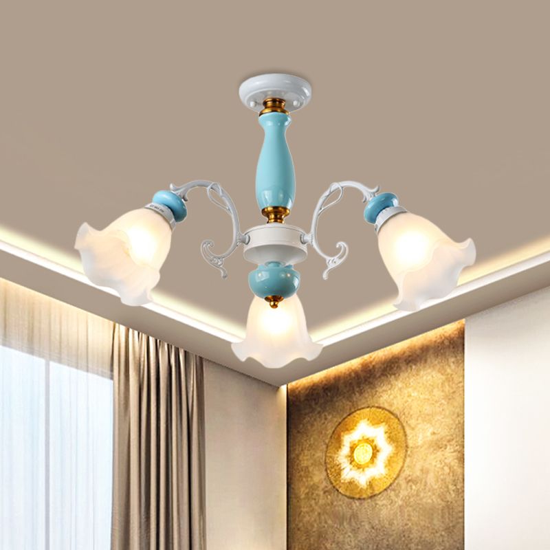Floral White Glass Semi-Flush Ceiling Light Traditional 3/5 Lights Bedroom Flush Mount Lamp in Light Blue