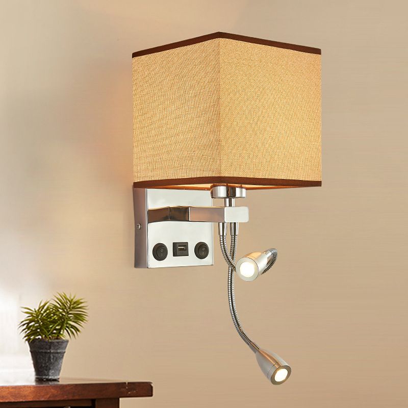 15.7" H Modern Simplicity Bedside LED Reading Lamp Square Fabric Shade Dual Spotlight Design Sconce Lights in Bedroom