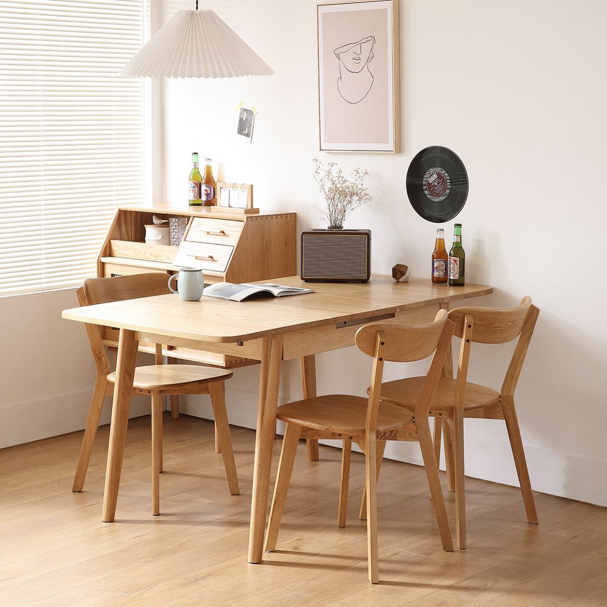 Extendable Rectangle Dining Table Modern Adjustable Oak Wood Table with 4 Legs for restaurant