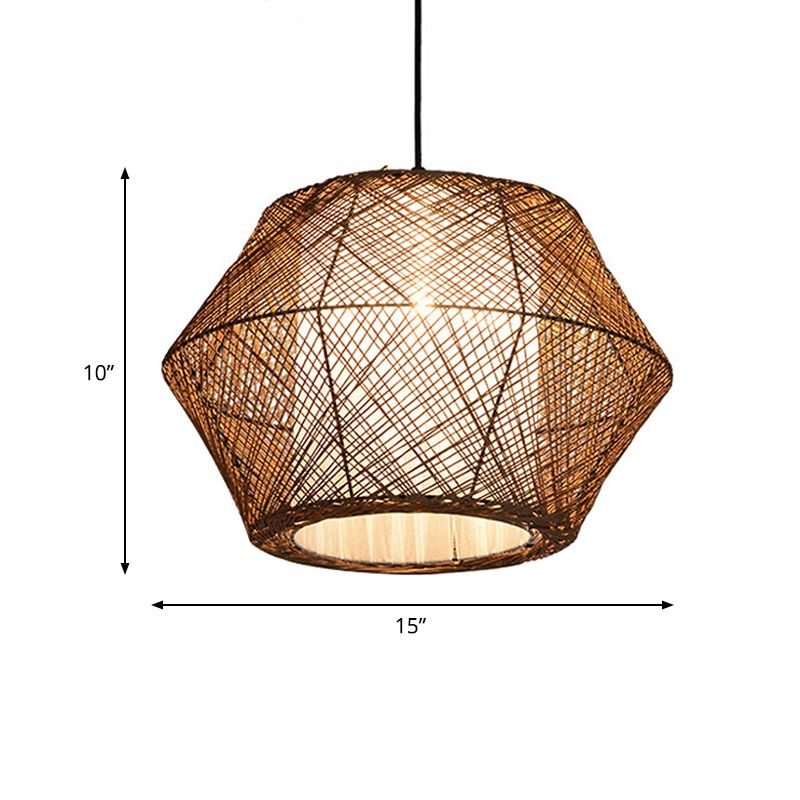 Handmade Ceiling Pendant Light with Geometric Shade Asian Style Rattan Fiber 1 Light Beige Suspended Lamp
