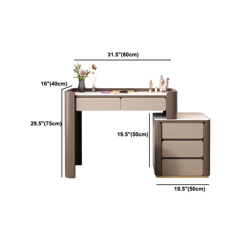 29.53" H Wood/Stone Vanity Table Stool Set 2/5 Drawers Dresser in Brown