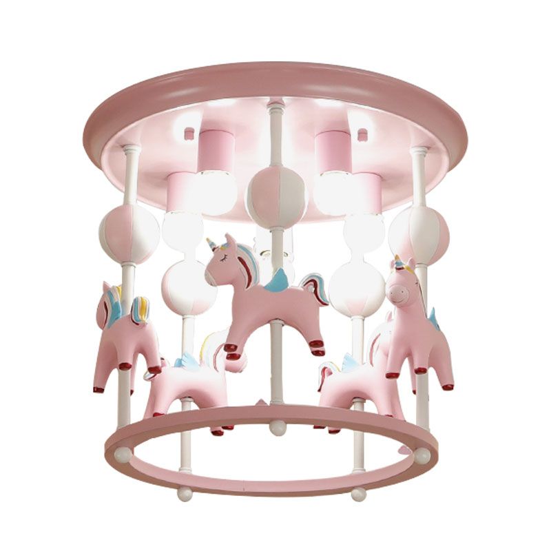 Cartoon Unicorn Flush Mount Light with Carrousel Design Resin 6 Bulbs Kid Room Flush Lamp in Blue/Pink
