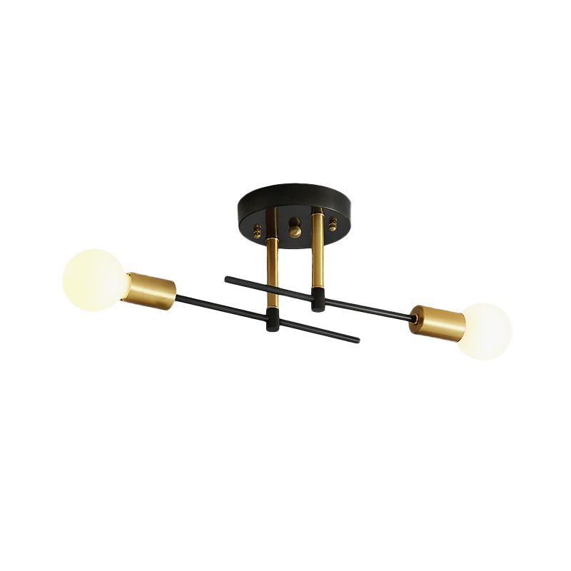 Minimalist Linear Semi Flush Mount Iron 2 Bulbs Bedroom Flush Ceiling Light Fixture in Black