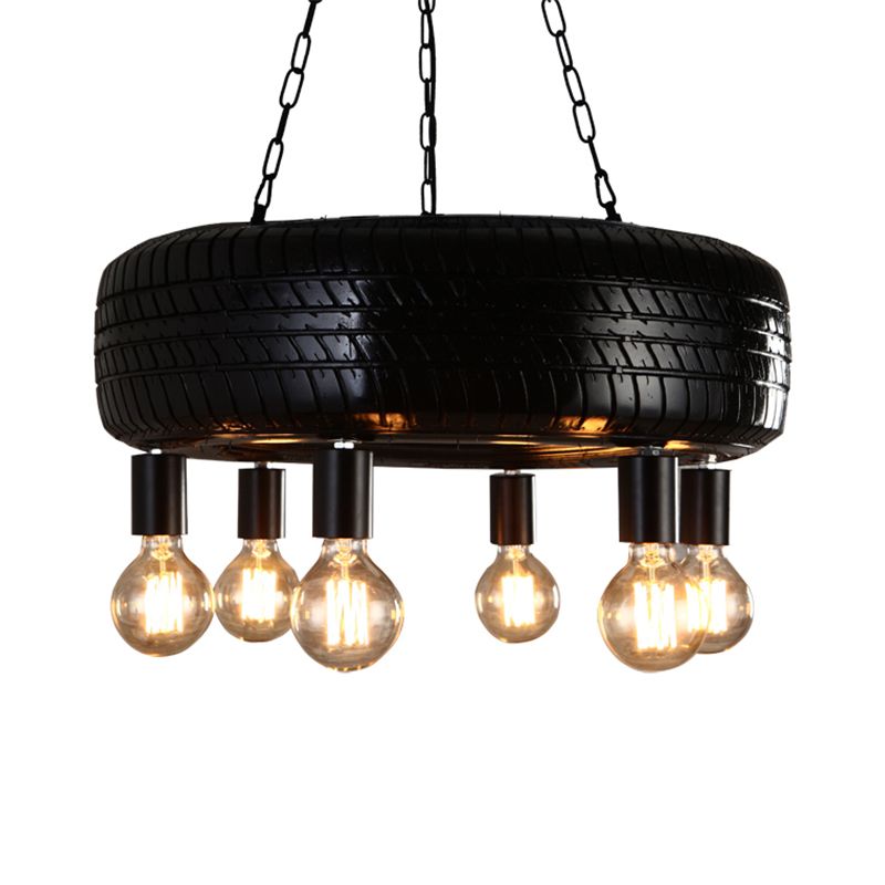 Cafe Car Tire Pendant Lamp Rubber 6 Lights Vintage Stylish Chandelier in Black