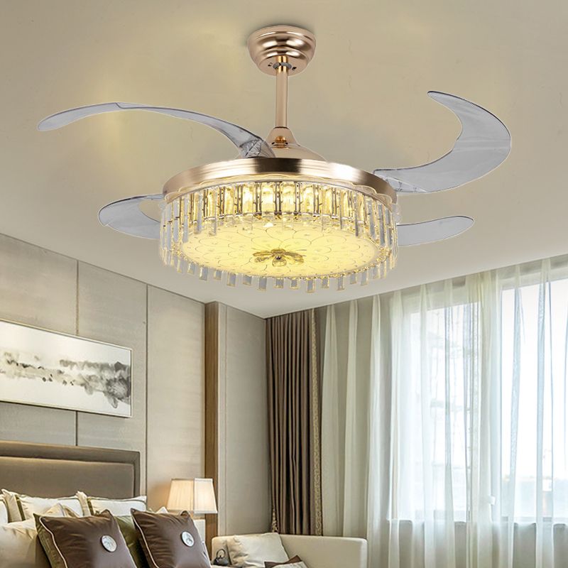 Gold Round Ceiling Fan Light Modern LED Crystal Semi Mount Lighting with Remote Control/Wall Control