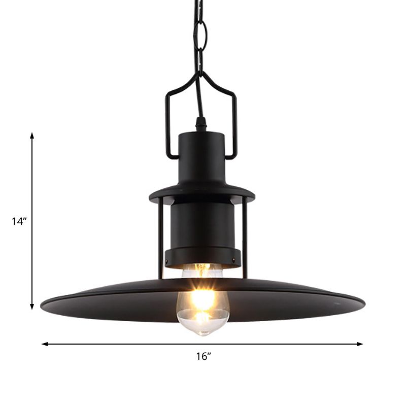 Flat Cone Shade Metal Pendant Light Industrial 1 Light Dining Room Hanging Fixture in Black, 16" Width