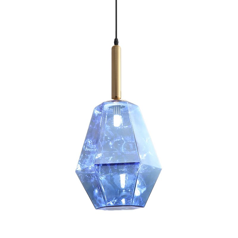 Diamond Blue Glass Hanging Light Kit Contemporary 1 Light Brass LED Pendant Light Fixture