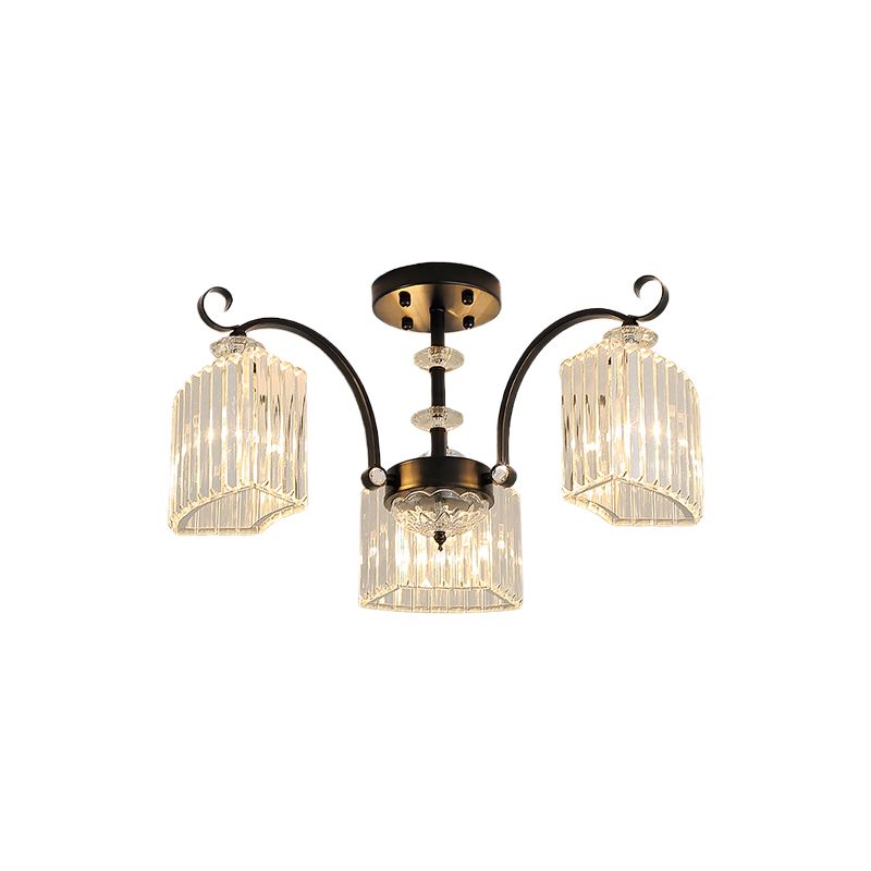 Black 3/9 Bulbs Semi Flush Mount Modern Crystal Block Arc Frame Close to Ceiling Light