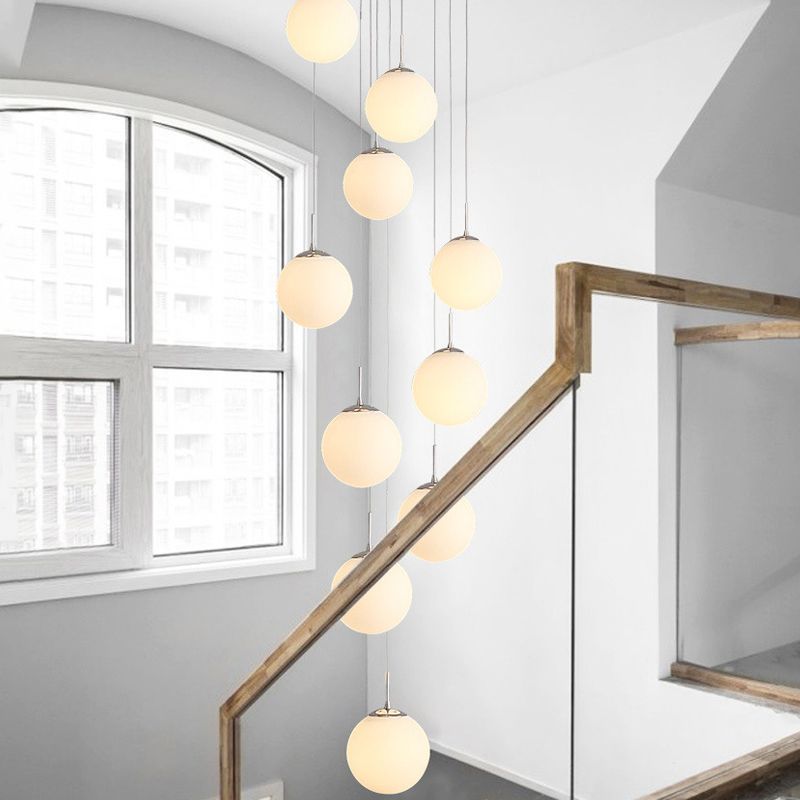 10 Heads Stairs Cluster Pendant Light Simple Silver Drop Lamp with Spherical Cream Glass Shade