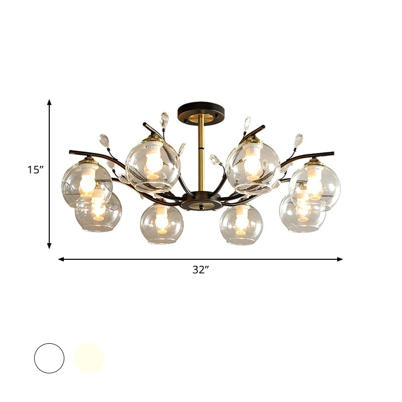 Sahne/klares Glas Global Semi Flush Mount Moderne 8-Bulb Schwarz und Goldspülendedecke mit Kristallakzent