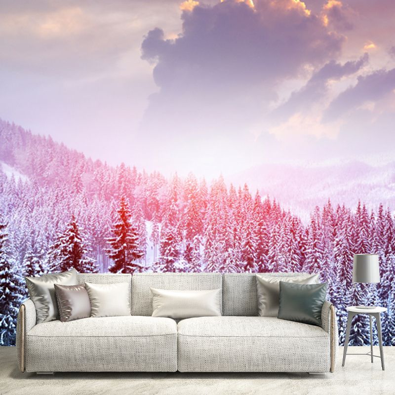 Pink Winter Cypress Mountain Mural Decal Stain Resistant Wall Covering for Accent Wall