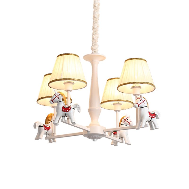 White Horse Chandelier Lamp Childrens Resin Ceiling Pendant Light with Tapered Pleated Fabric Shade