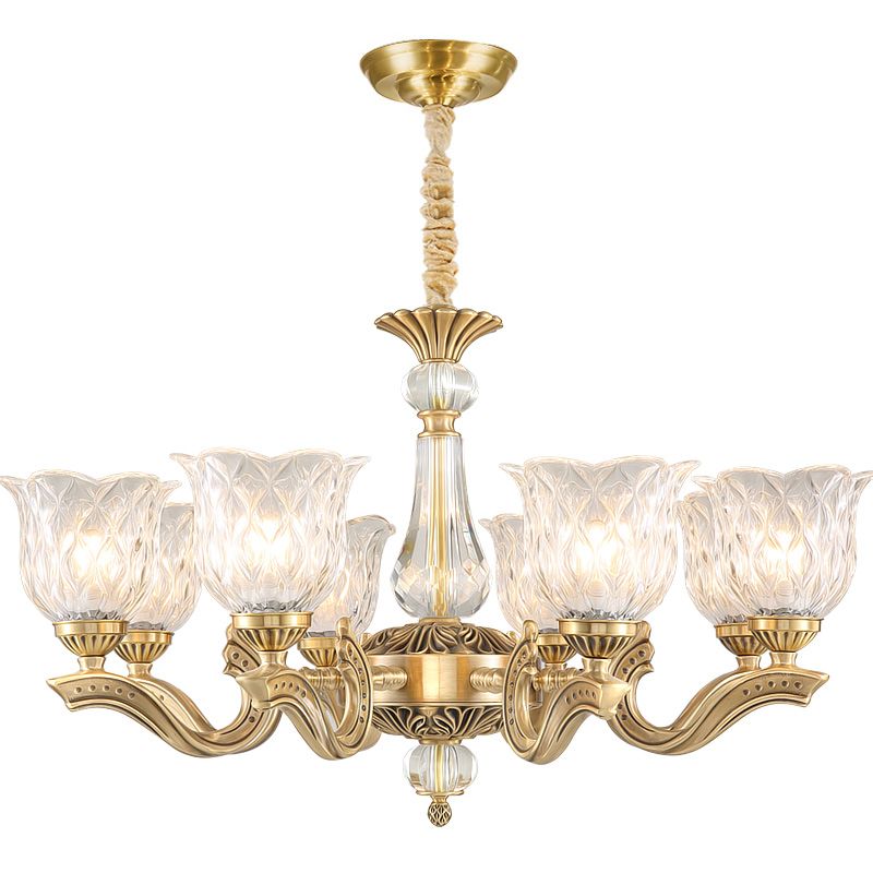 3 Lights Chandelier Lighting Antique Scalloped Clear Crystal Glass Suspension Lamp in Gold